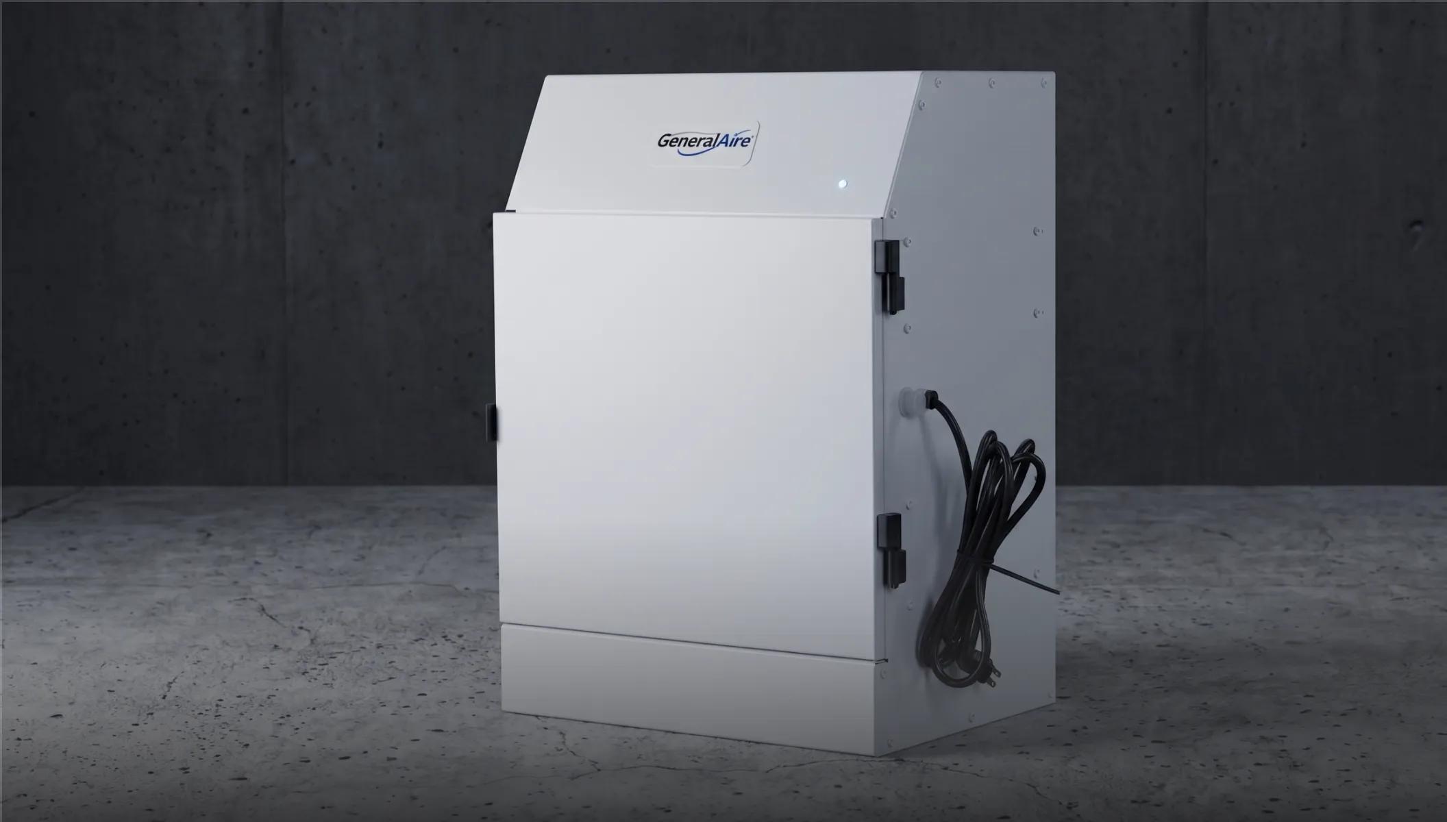 A white Sanuvox residential air purification system utilizing advanced HEPA and UV air filtration.