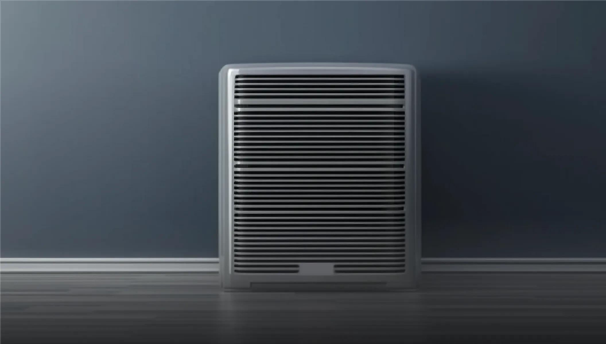 A modern, sleek dark grey residential central heat pump and energy-efficient furnace air handler unit.