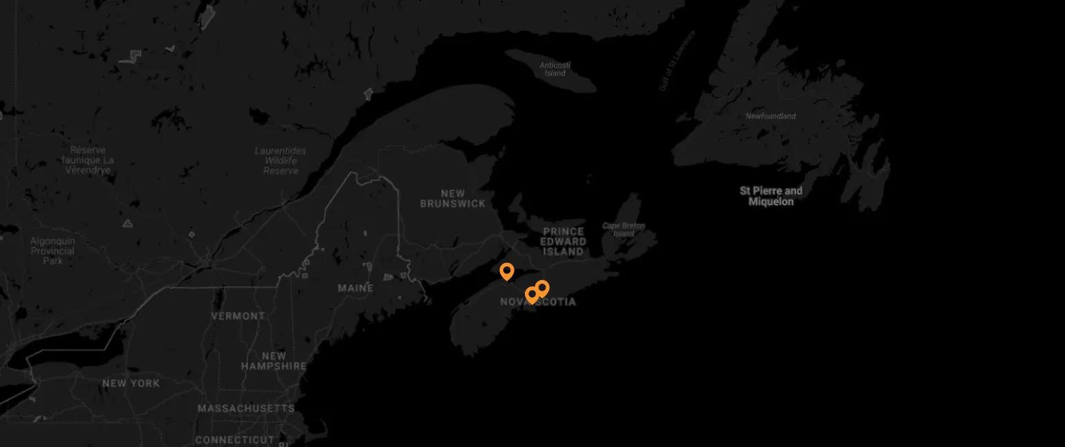 Map of Nova Scotia showing Home Depot store locations in the Halifax Regional Municipality and surrounding areas where Polaron Solar specialists provide local solar energy solutions.