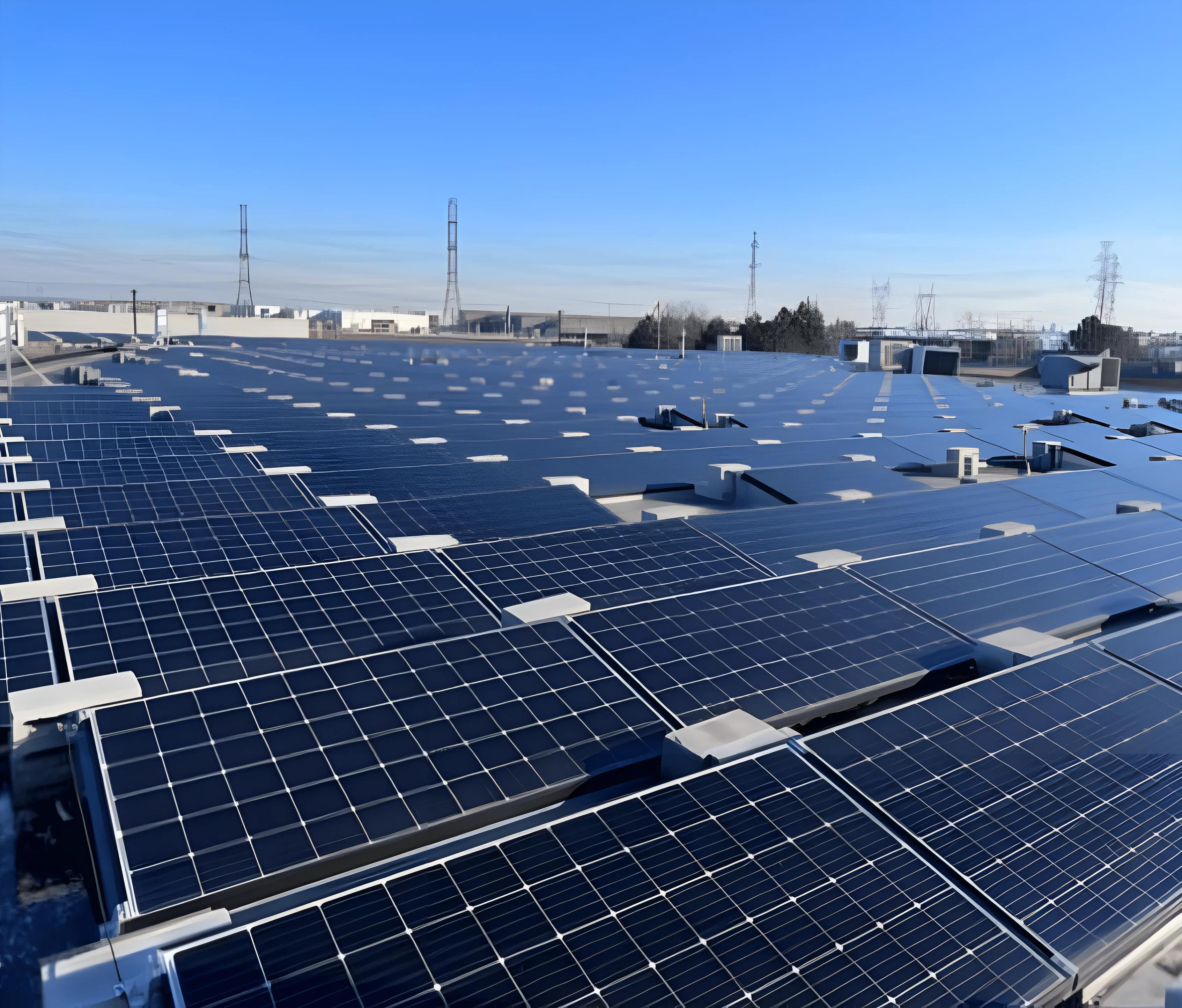 A solar renewable energy project of a business built on the ground with a blue sky