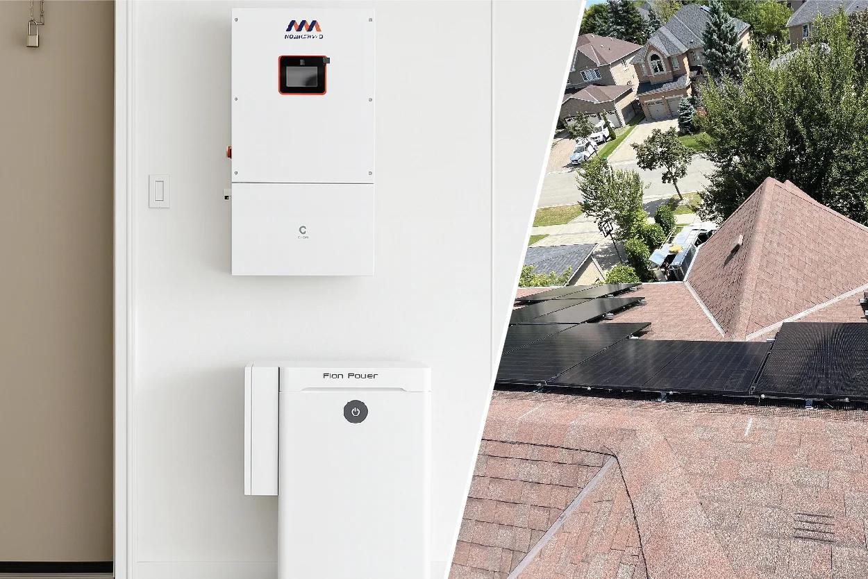 A Pion Power battery and inverter installed in a house which has a solar energy system on it’s roof.