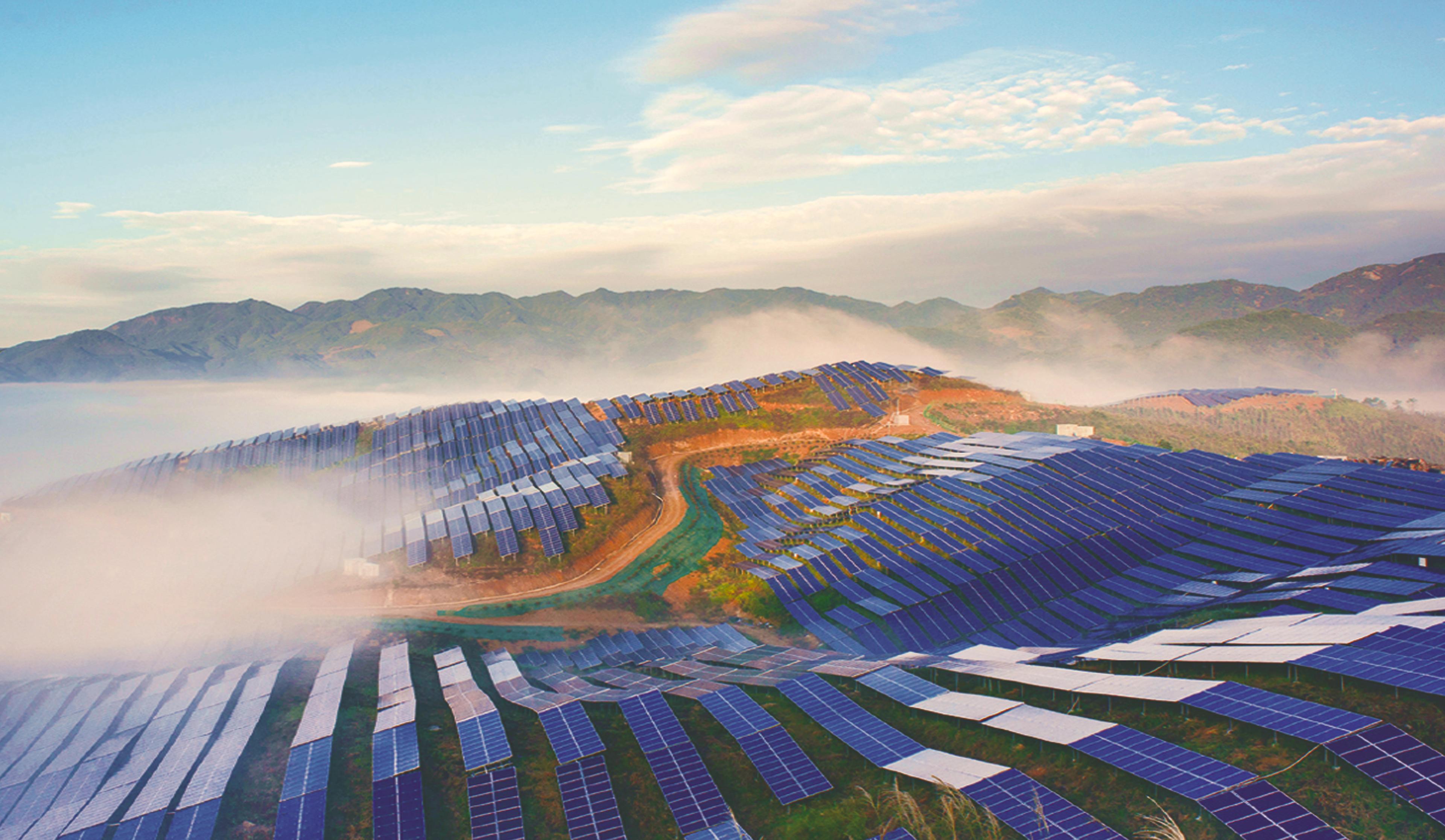 solar panels relaxing in the mist