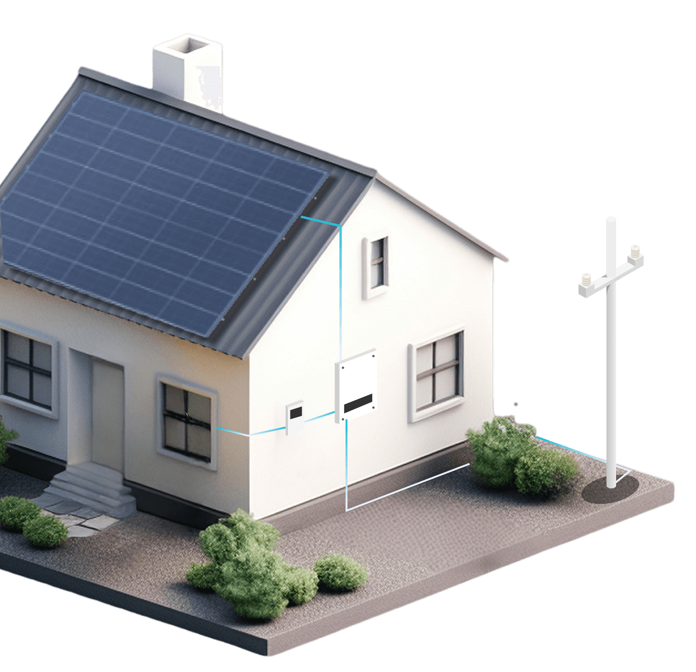 A house with solar panels installed on roof, connected to micro inverter and home battery, and sending electricity to household