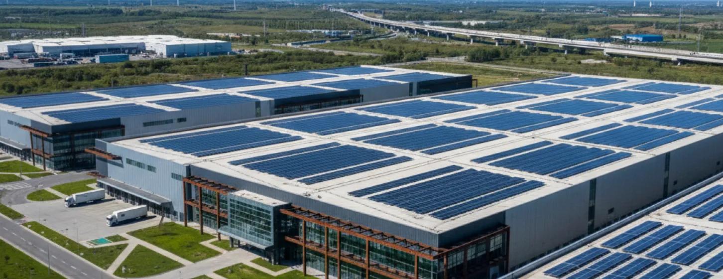 Industrial warehouses with rooftop solar arrays