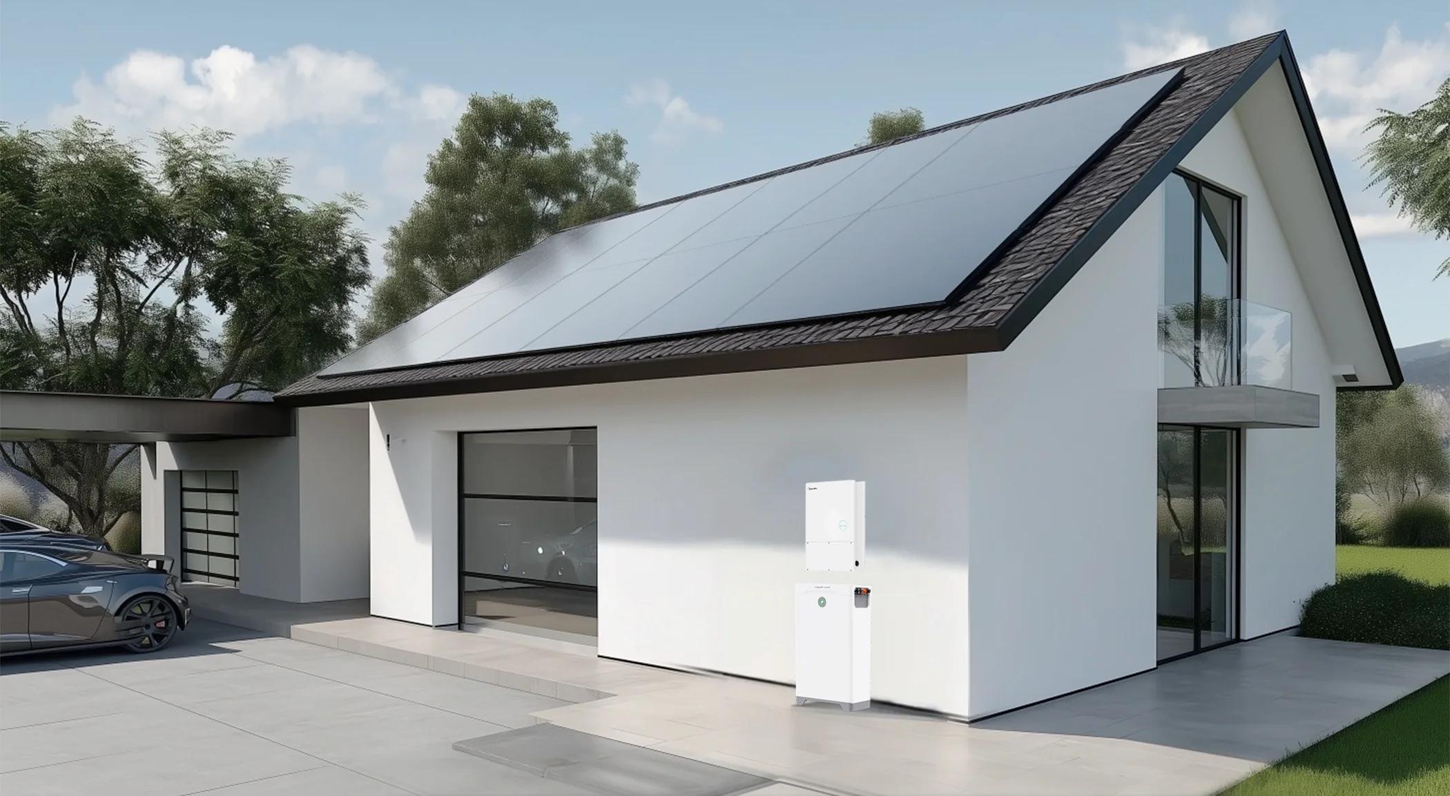 A home with solar energy and pion power home battery installed next to the garage door.