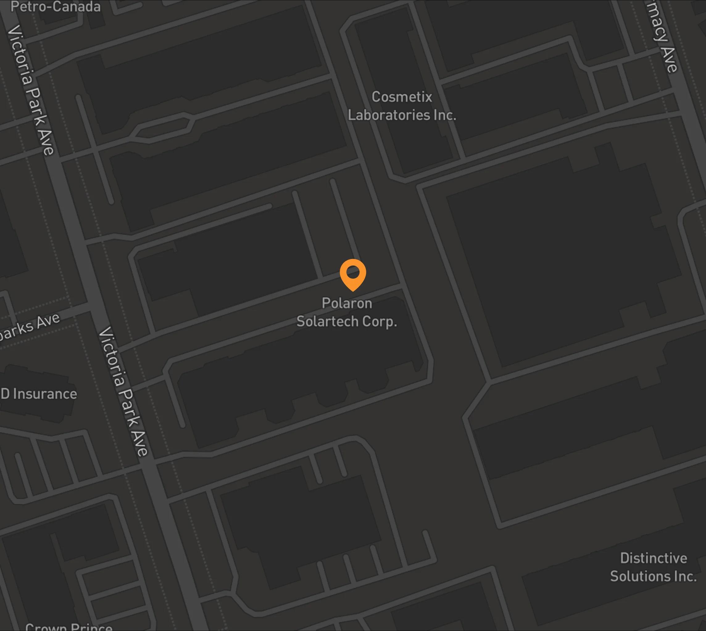 Map showing Polaron Solartech Toronto office location