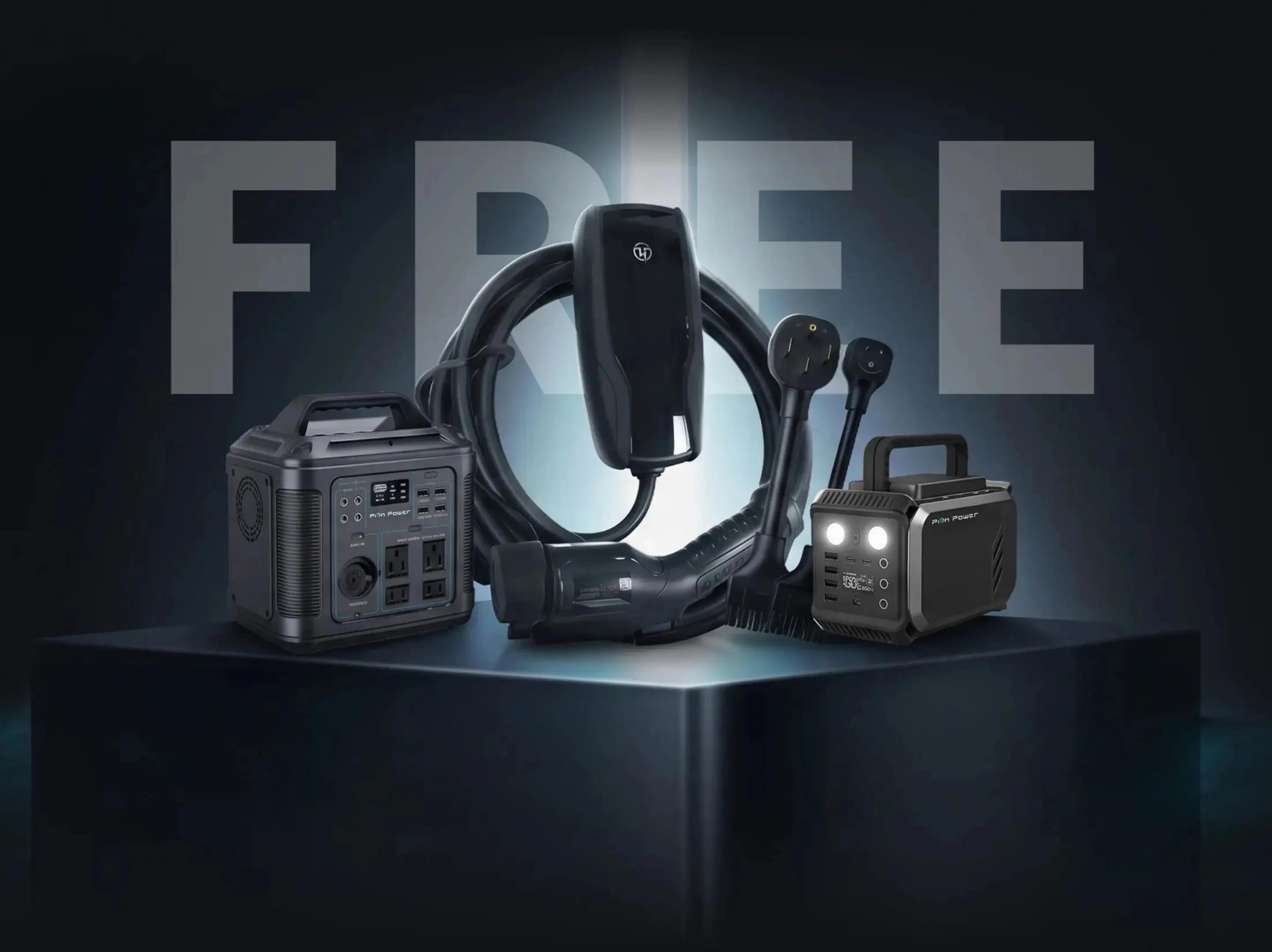 A $439 promotional welcome gift bundle showcasing a Trek 4200 portable battery, a 2-in-1 Flex-AC EV charger and a 300W portable power station on a dark display pedestal.