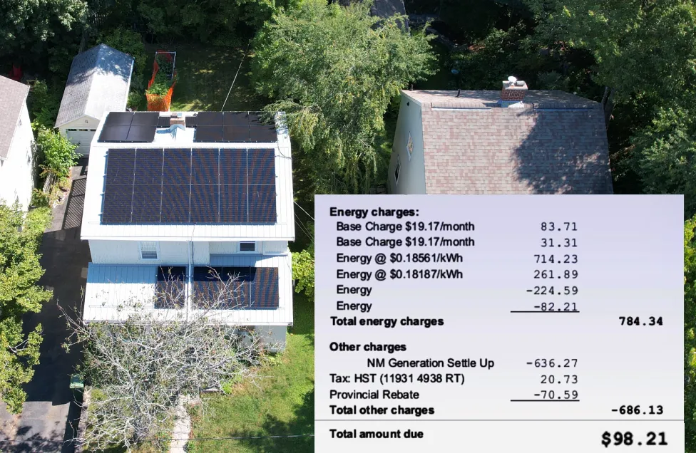 Nova Scotia home solar installation with an overlaid utility bill showing a $438 net metering credit, proving real-world energy savings.